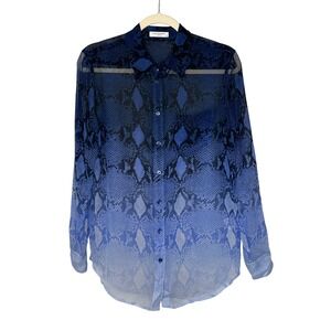 Equipment Femme XS Snake Print Silk Button‎ Down Shirt Sheer Blue Black